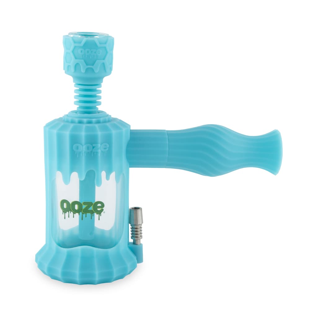 A front view of the Ooze Clobb Silicone Water Pipe and Dab Straw, showcasing its textured, blue silicone construction.