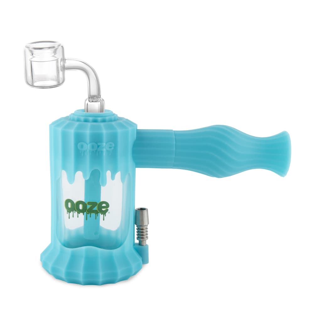 A front view of the Ooze Clobb Silicone Water Pipe and Dab Straw, showcasing its colorful, textured silicone body and clear glass accents.