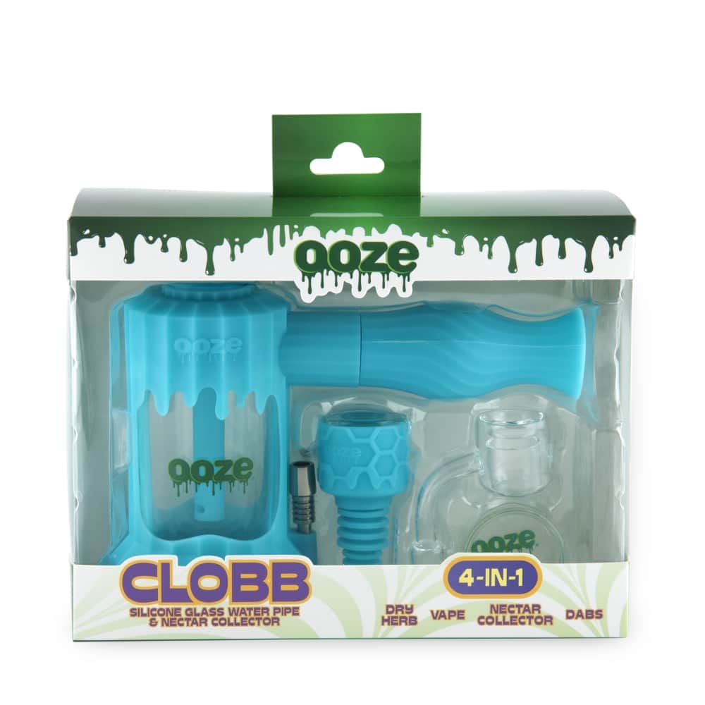 Front view of the Ooze Clobb Silicone Water Pipe and Dab Straw with a colorful, patterned background.