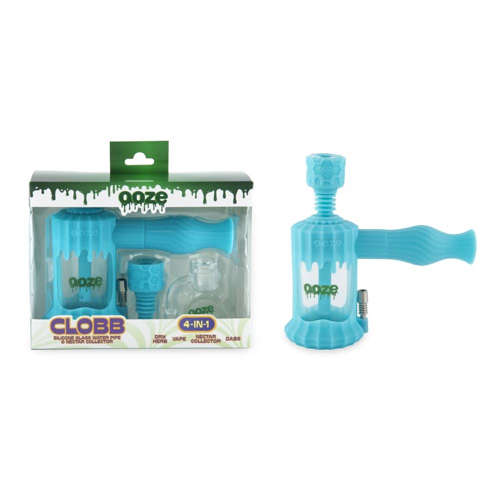 Front view of the Ooze Clobb Silicone Water Pipe and Dab Straw, showcasing its textured, blue silicone design.