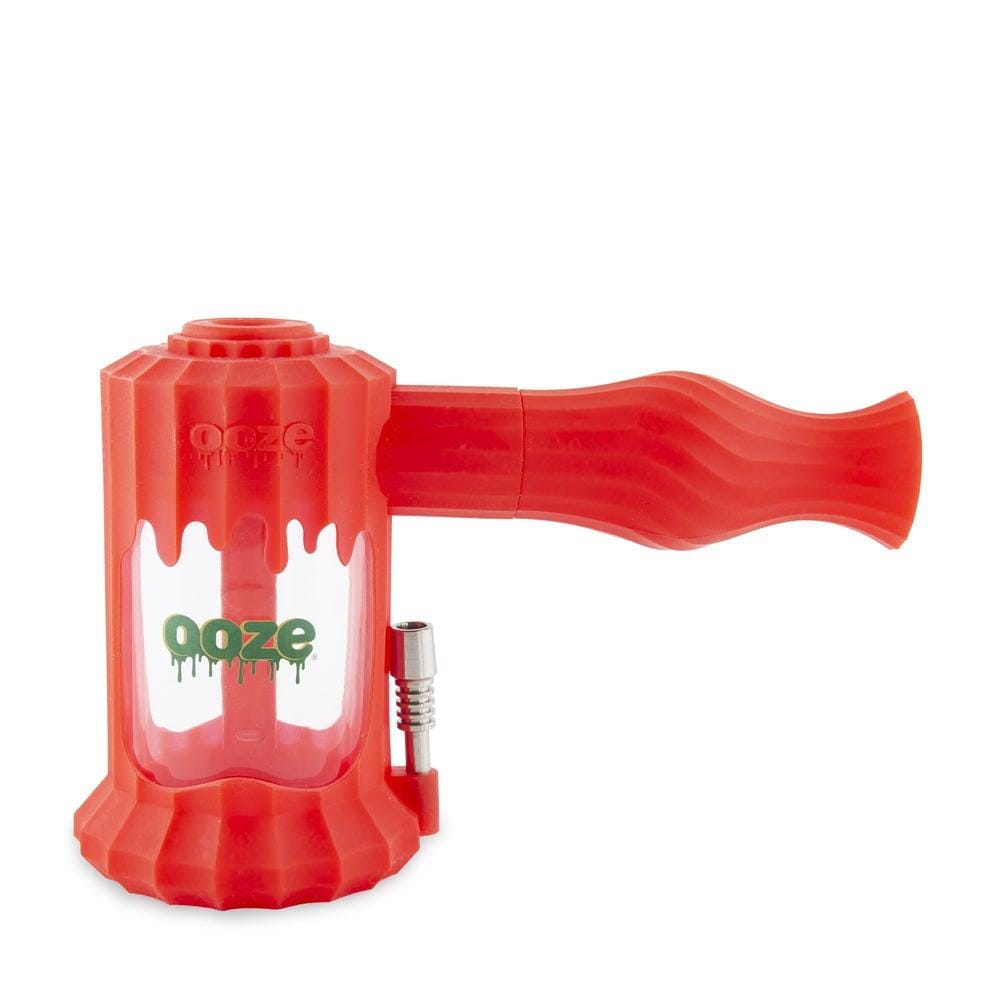 A studio shot of the Ooze Clobb Silicone Water Pipe and Dab Straw, featuring a vibrant red, textured design against a clean white background.