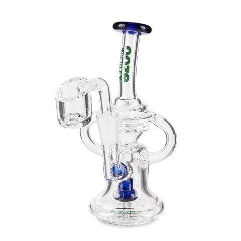 Front view of the Ooze Surge Mini Recycler Dab Rig, showing the clear glass recycler with a blue accent and small size.