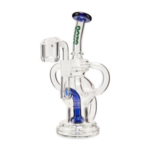 Front view of the Ooze Swell Mini Recycler Dab Rig, showcasing its clear glass construction and compact, rounded design.
