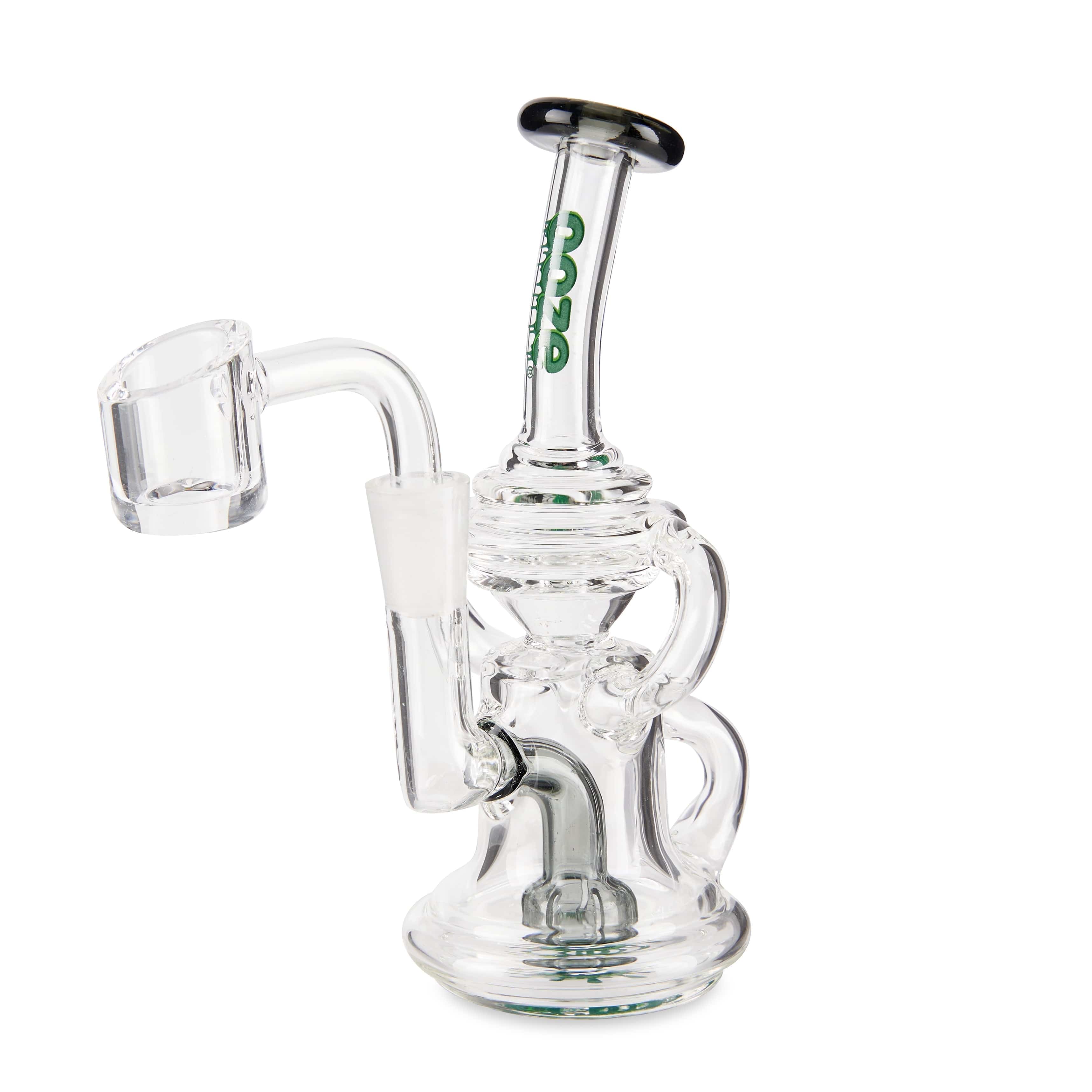 Front view of the Ooze Surge Mini Recycler Dab Rig, showcasing its clear glass construction and compact design.