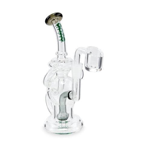 Front view of the Ooze Swell Mini Recycler Dab Rig, showcasing the clear glass with a rounded base and angled neck.