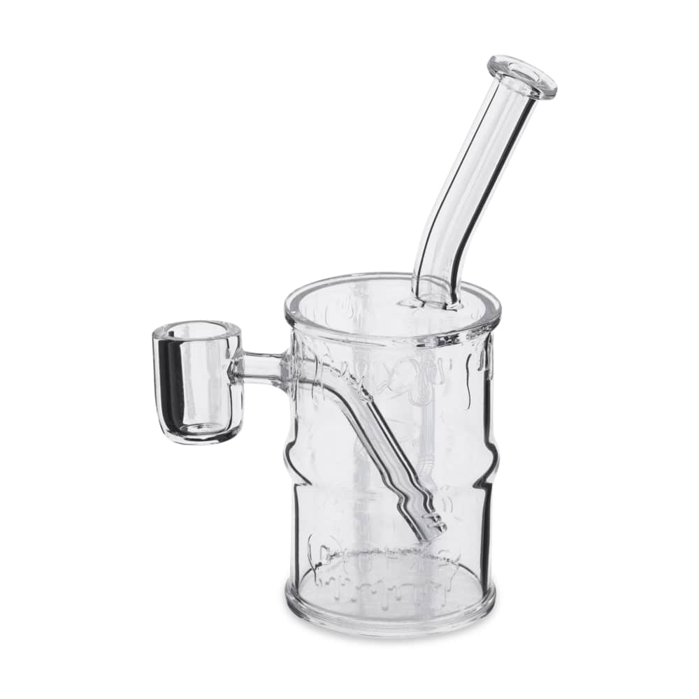 A front view of the Ooze Quartz Mini Rig - Toxic Barrel, showcasing its small size and clear glass construction.
