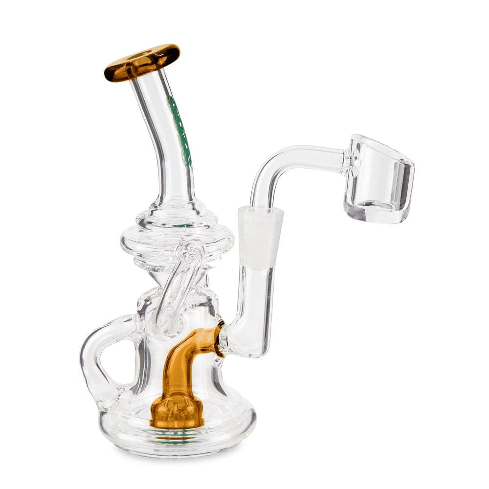 Front view of the Ooze Surge Mini Recycler Dab Rig, featuring clear glass and a small, rounded base with a joint for dabbing.