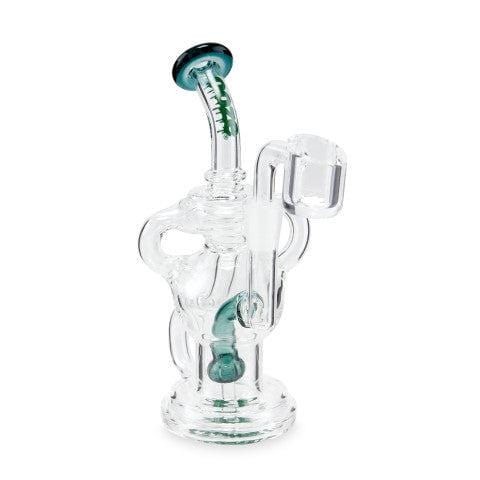 A front view of the Ooze Swell Mini Recycler Dab Rig, featuring clear glass and a unique, layered design.