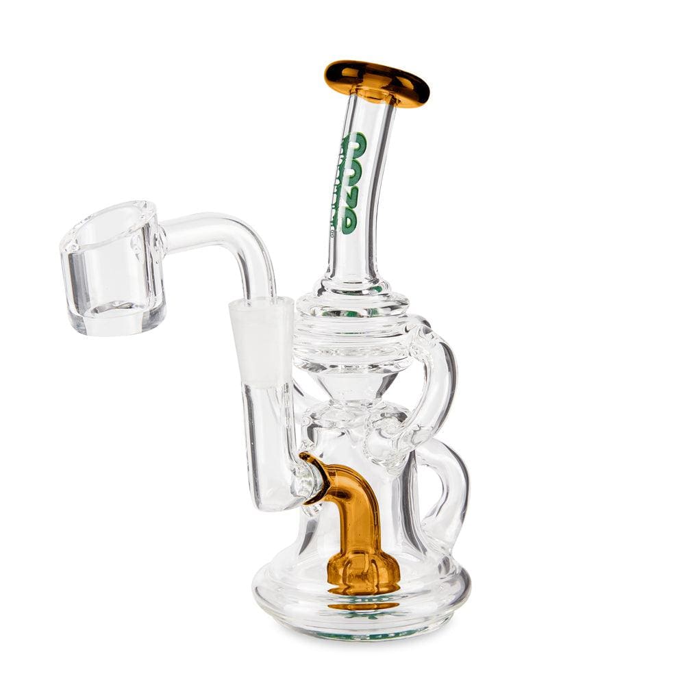 Front view of the Ooze Surge Mini Recycler Dab Rig, showcasing the clear glass and unique recycler design.