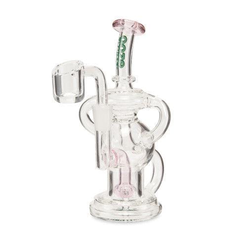 Front view of the Ooze Swell Mini Recycler Dab Rig, a clear glass rig with a compact design and visible joint.