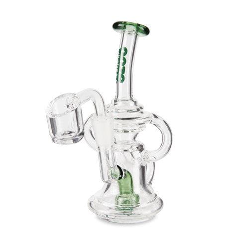 A slightly angled view of the Ooze Surge Mini Recycler Dab Rig, showcasing the clear glass construction and compact design.