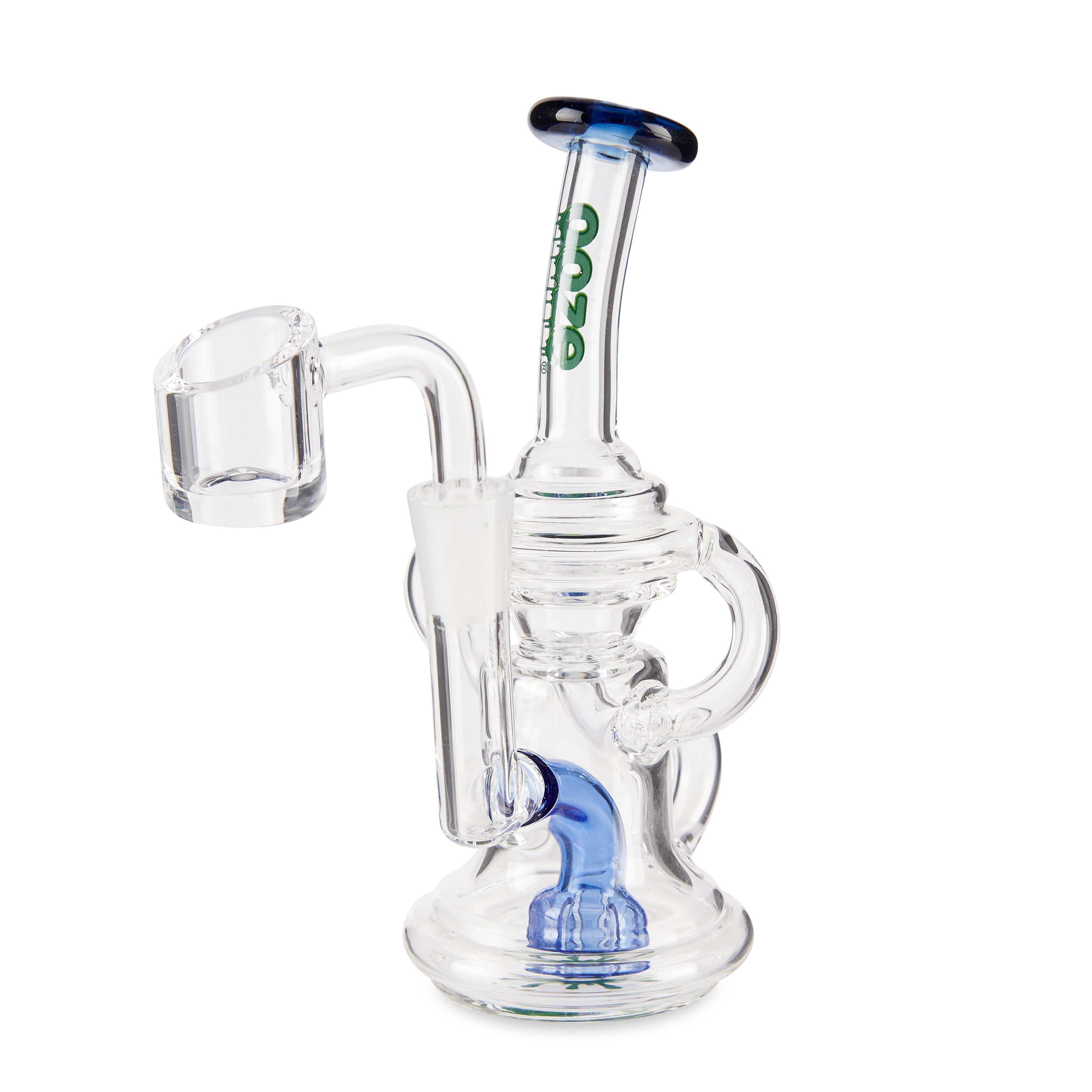 The Ooze Surge Mini Recycler Dab Rig is shown in a side view, with clear glass and a compact recycler design.