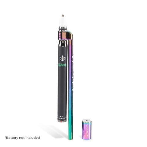 Front view of the Ooze x Stache ConNectar - 510 Thread Dab Straw Vape Pen Attachment with a translucent, iridescent body alongside a silver attachment.