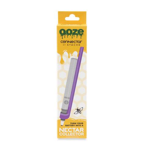 A front view of the Ooze x Stache ConNectar dab straw attachment, showcasing its sleek, metallic design against a white background.