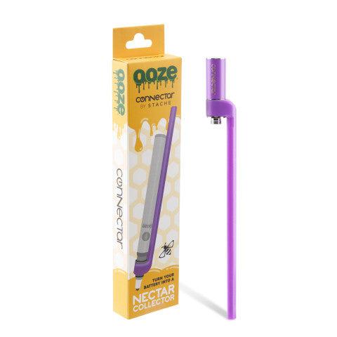 A front view of the Ooze x Stache ConNectar, a purple 510 thread dab straw vape pen attachment with branding on a white background.