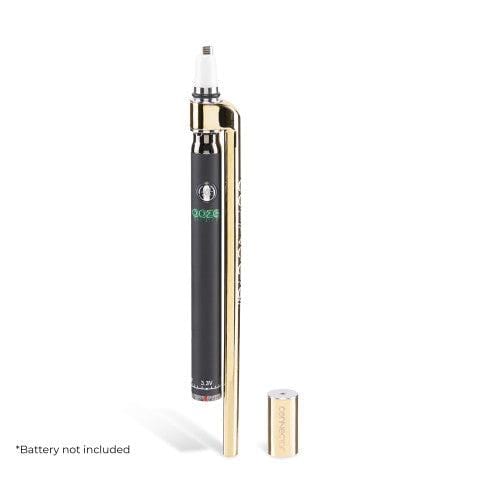 A straight-on view of the Ooze x Stache ConNectar - 510 Thread Dab Straw Vape Pen Attachment, with a metallic finish, positioned on a reflective surface.
