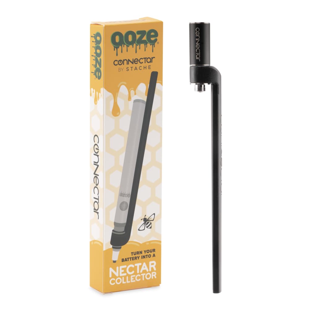 Front view of the Ooze x Stache ConNectar, a silver dab straw vape pen attachment against a plain yellow background.