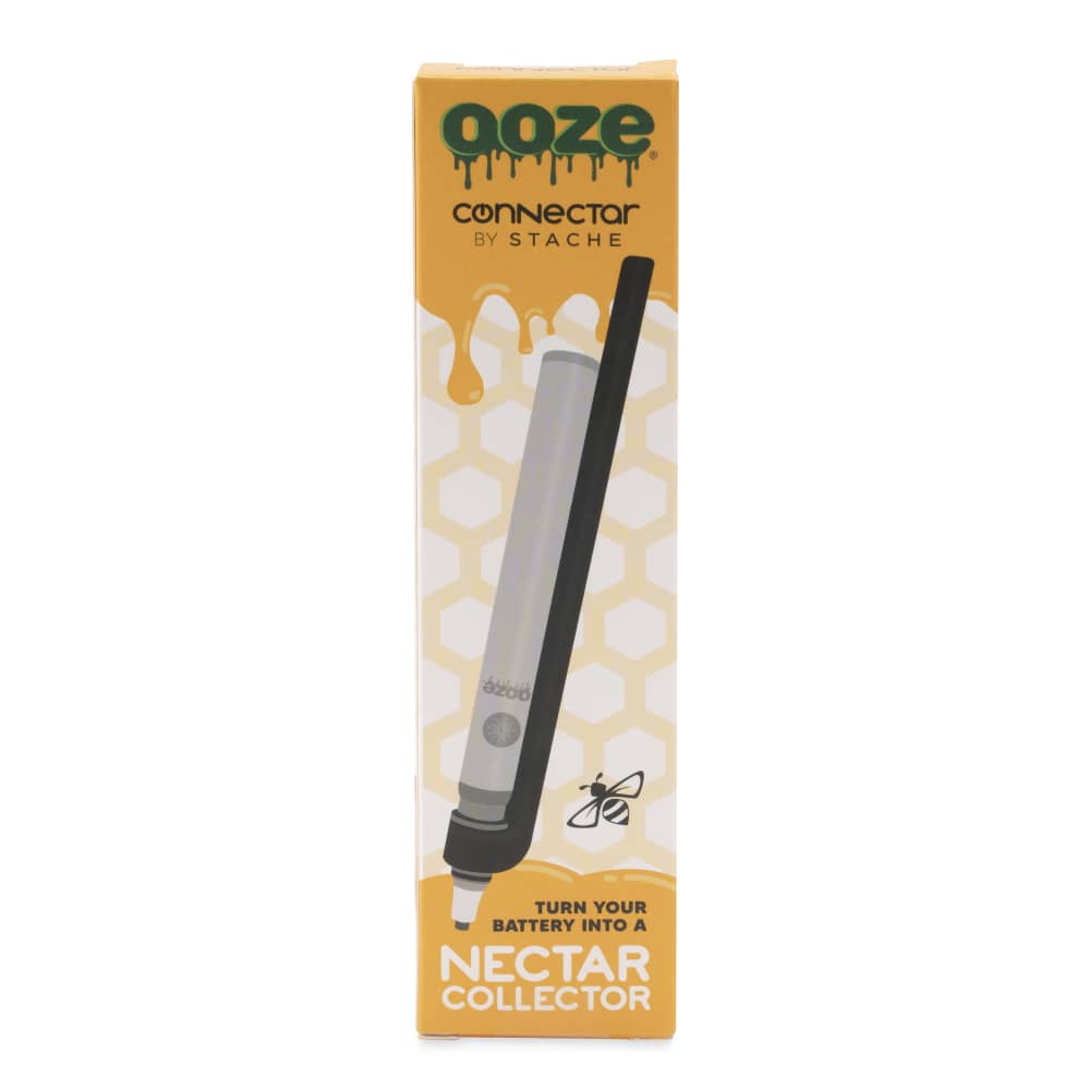 A close-up studio shot of the Ooze x Stache ConNectar dab straw vape pen attachment, displaying its sleek, metallic design.