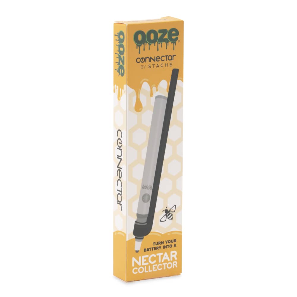 Front view of the Ooze x Stache ConNectar, a metallic dab straw attachment against a yellow background with branded text.