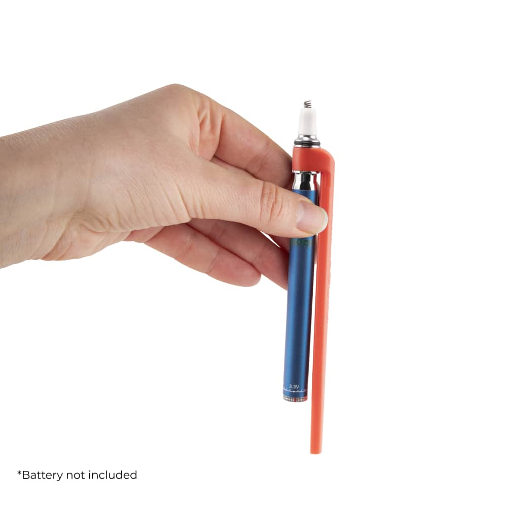 A hand holds the Ooze x Stache ConNectar 510 Thread Dab Straw Vape Pen Attachment, showing its silver and blue metal construction.
