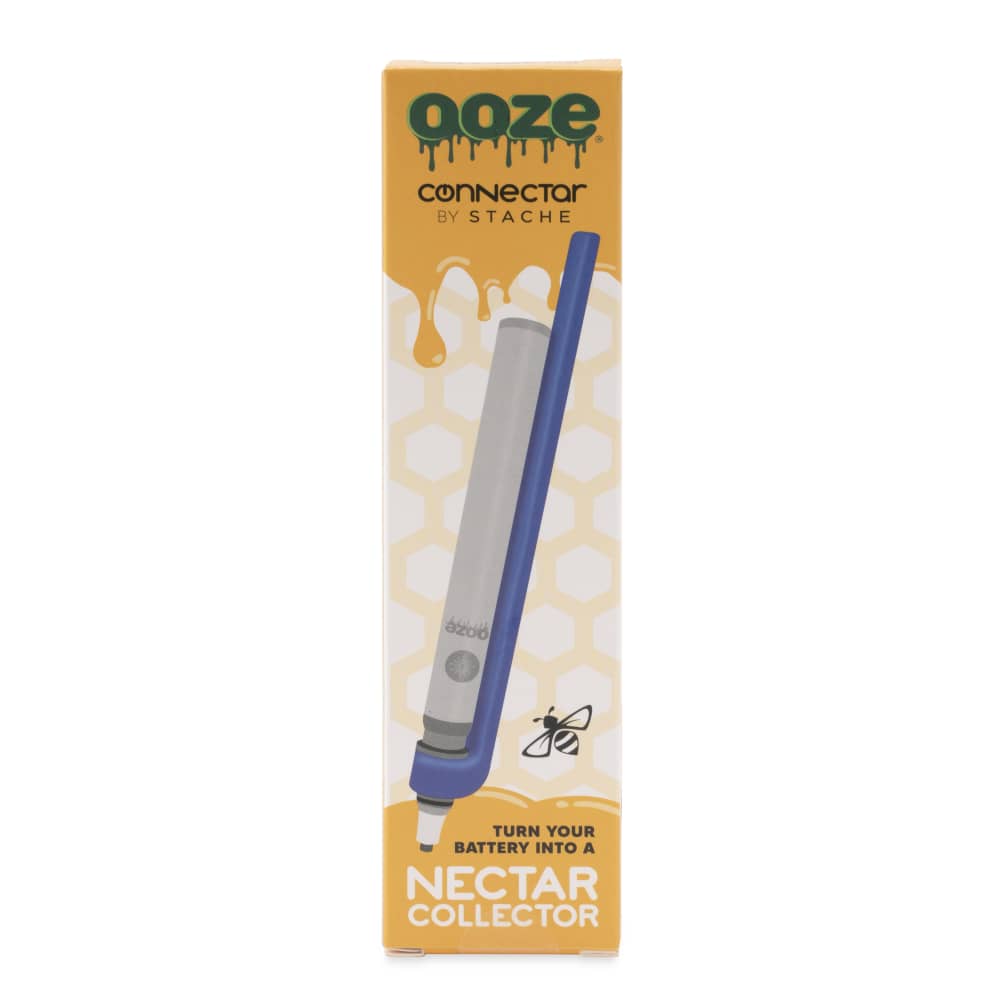 Front view of the Ooze x Stache ConNectar, a metallic dab straw attachment with a transparent mouthpiece, angled against a plain white background.