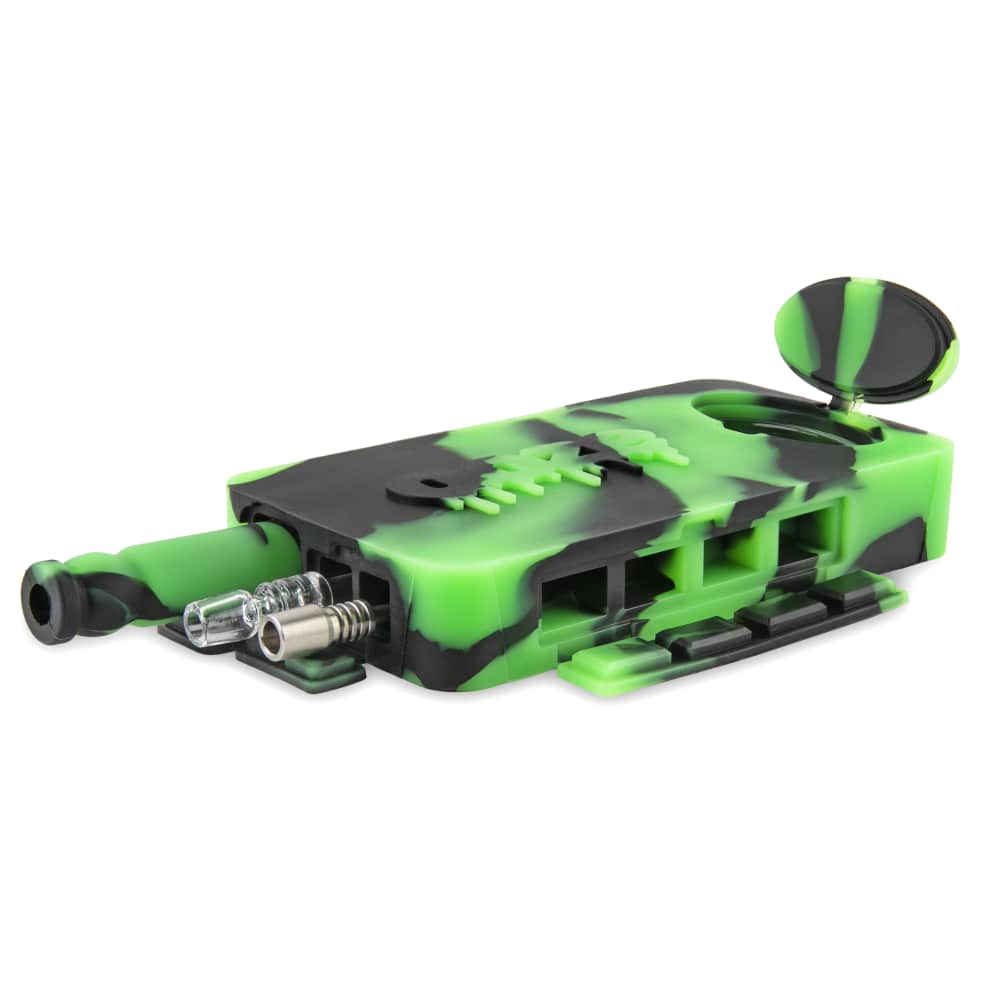 A top-down view of the Ooze Slugger Silicone Dugout, featuring a dark gray and green silicone case with visible compartments.