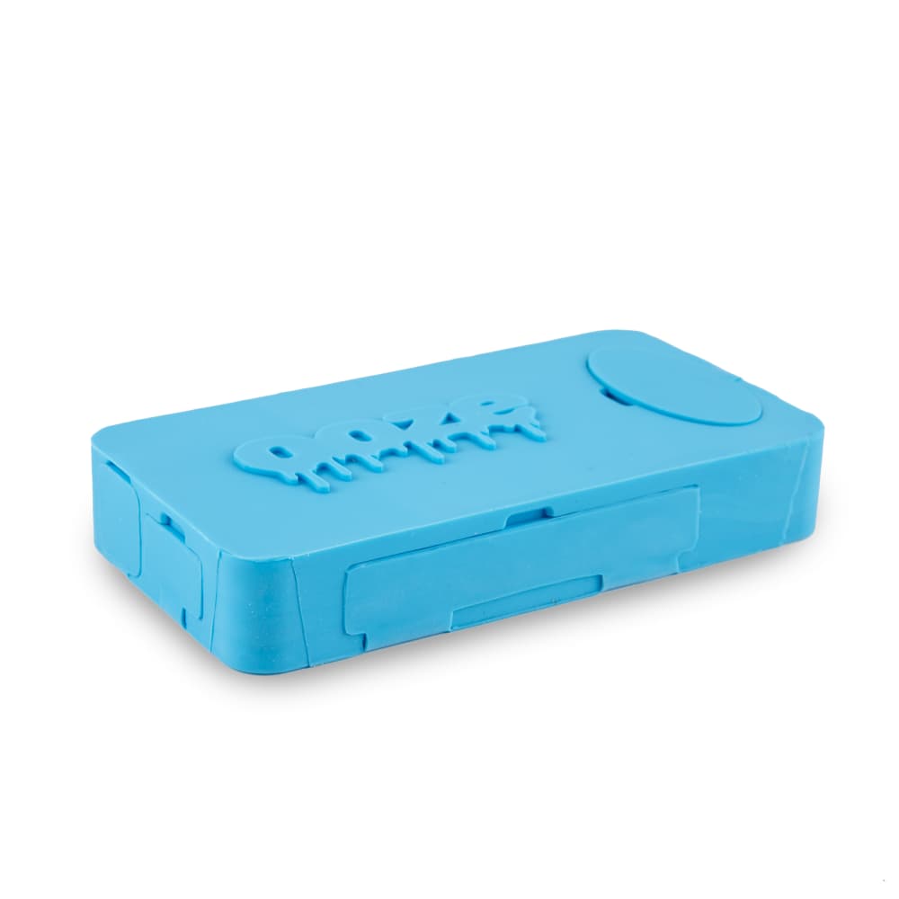 Front view of the Ooze Slugger Silicone Dugout, showing its closed, rectangular shape and smooth, blue silicone finish.