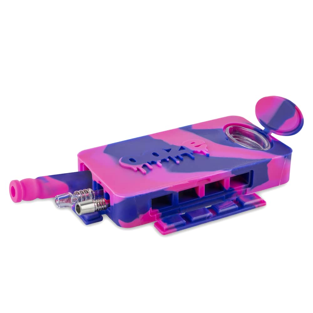 Front view of the Ooze Slugger Silicone Dugout, showcasing its open lid and compact, rounded shape against a neutral background.