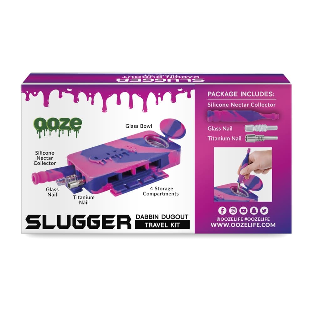 The Ooze Slugger Silicone Dugout is displayed next to its packaging, showing included accessories in a close-up shot.