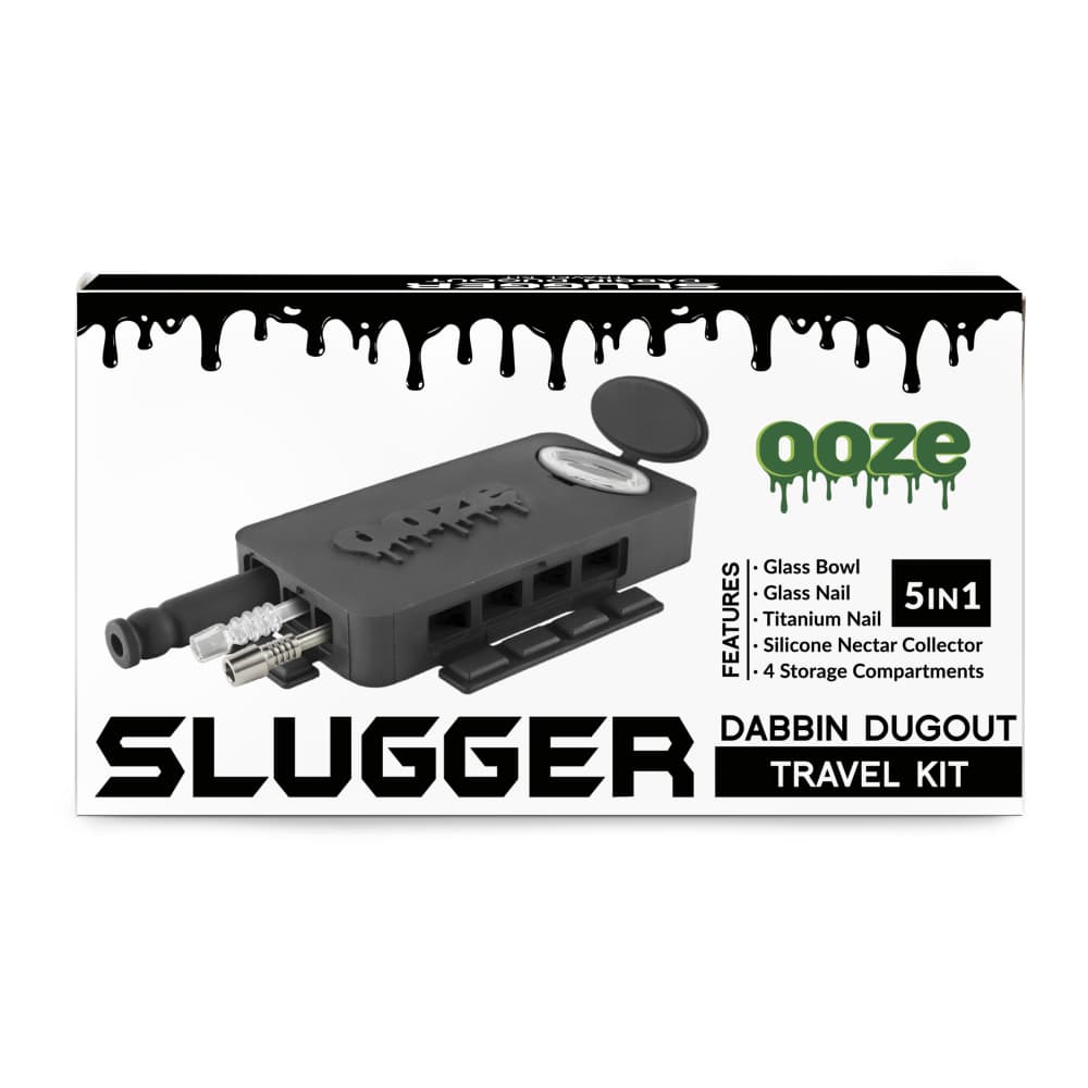 The Ooze Slugger Silicone Dugout is displayed with text overlays showing features, set against a black background.