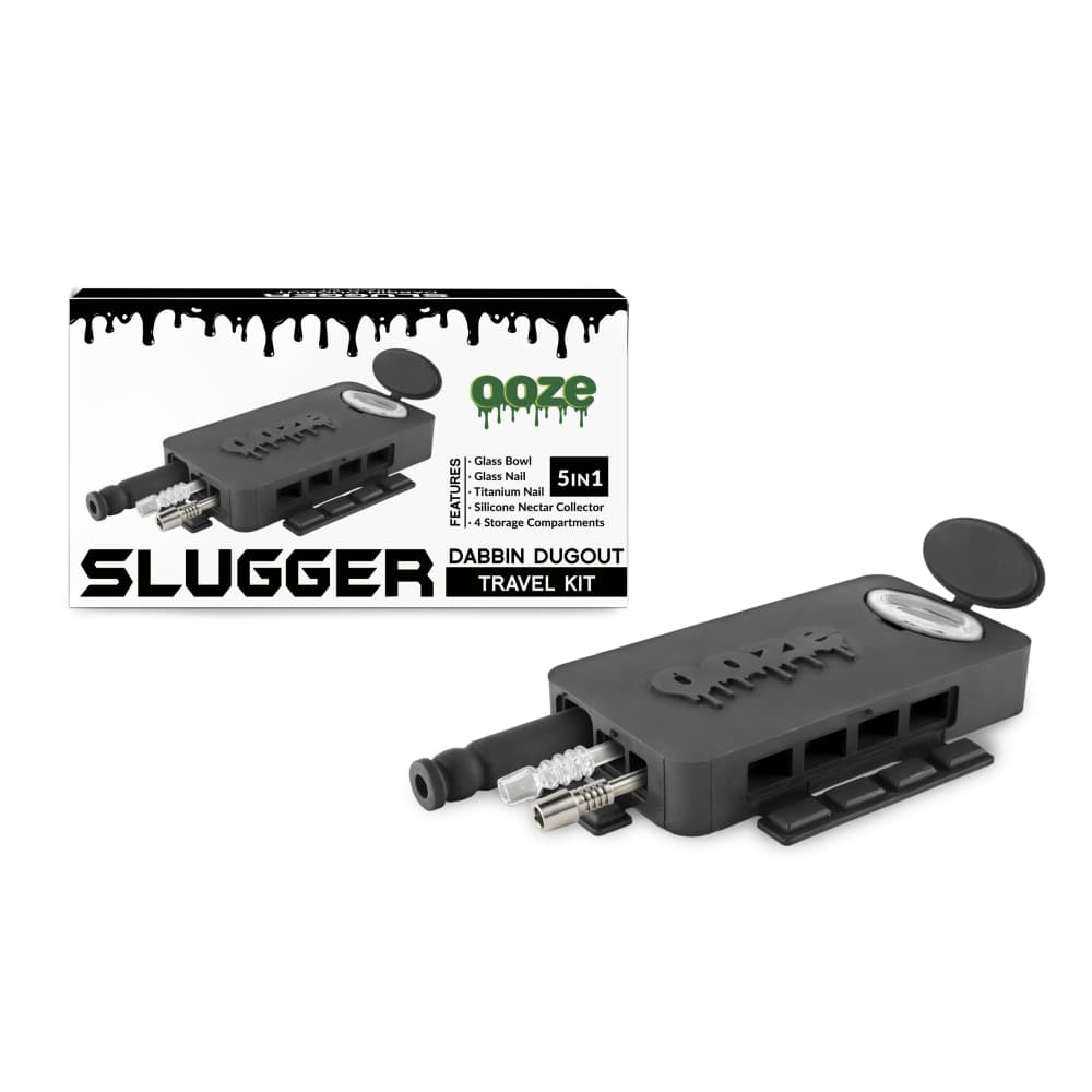 A close-up shot of the Ooze Slugger Silicone Dugout, displaying its compact design and dark coloring against a plain black background.