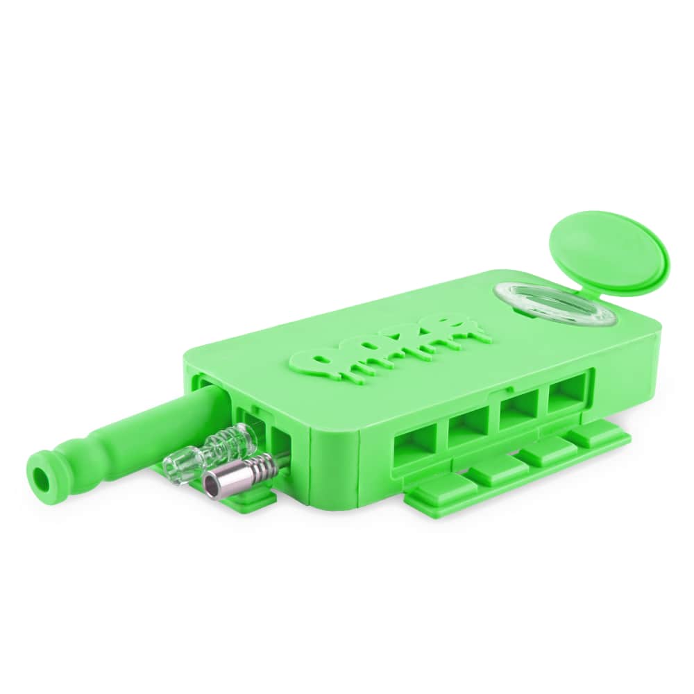 Front view of the Ooze Slugger Silicone Dugout, showing its green, segmented design with a visible compartment open.