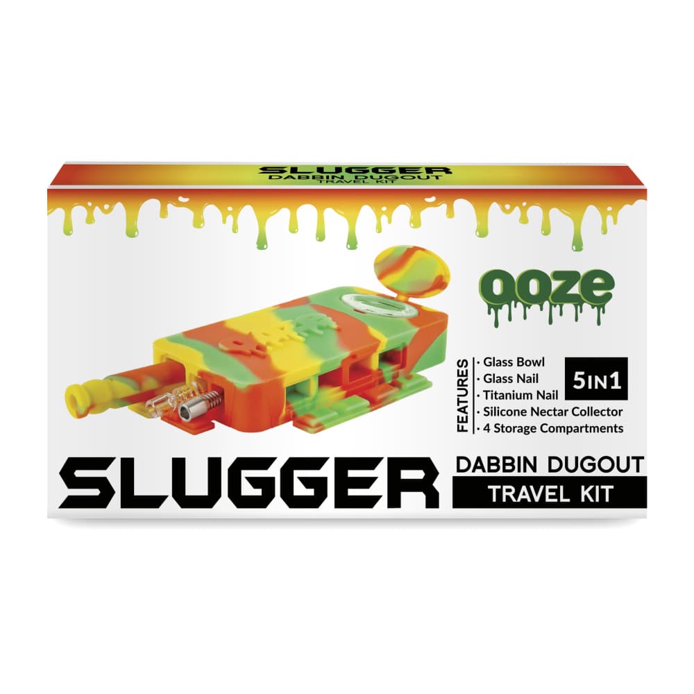 Front view of the Ooze Slugger Silicone Dugout, showing a dark-colored kit with text and a highlighted corner.
