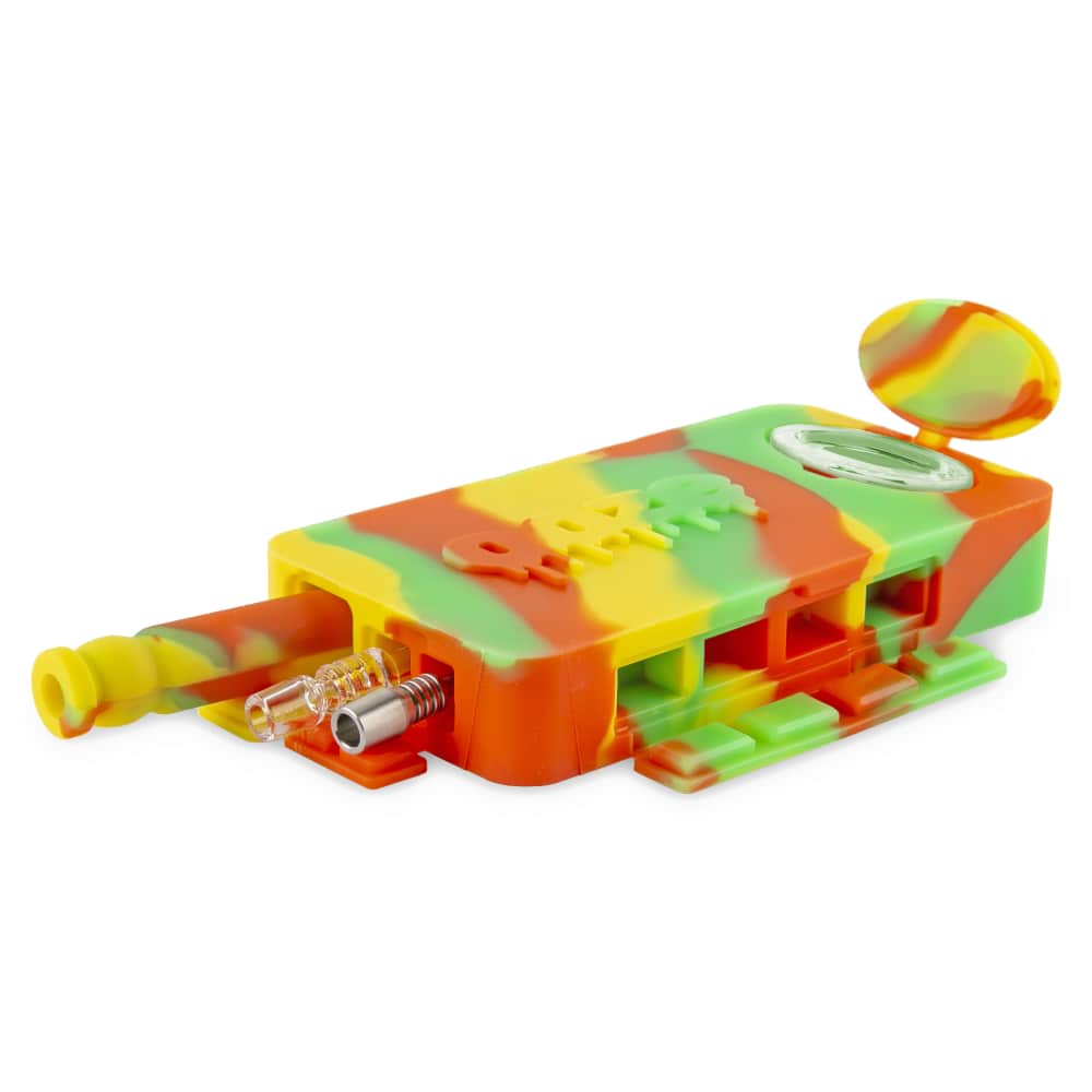 A top-down view of the Ooze Slugger Silicone Dugout, showcasing its colorful, open design and internal compartment.