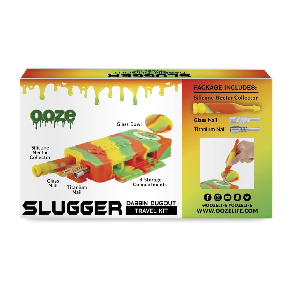 A top-down shot of the Ooze Slugger Silicone Dugout, displaying its open lid and the included components arranged neatly inside.