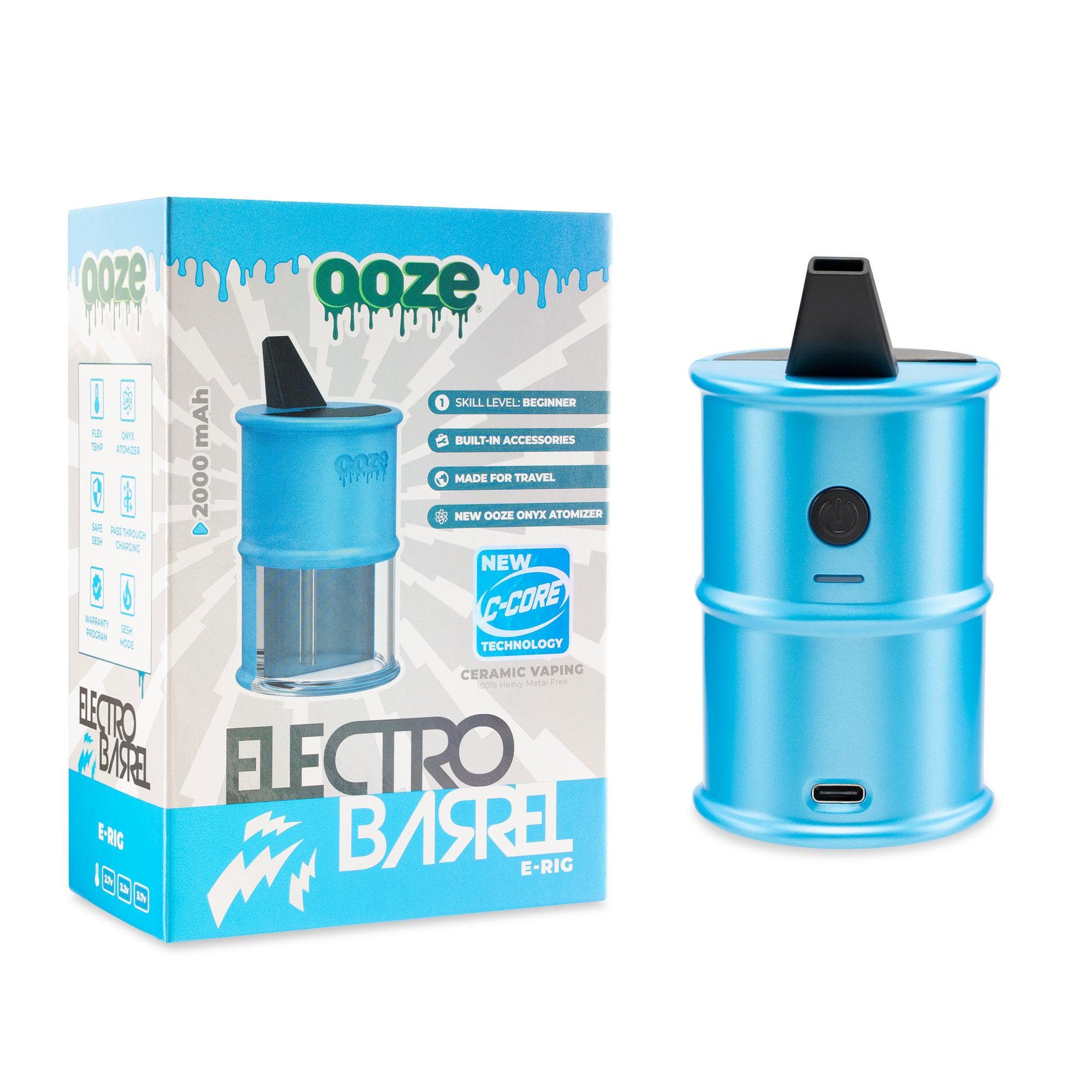 Front view of the Ooze Electro Barrel E-Rig C-Core 2000 mAh, displaying its packaging and branding details in a product shot.