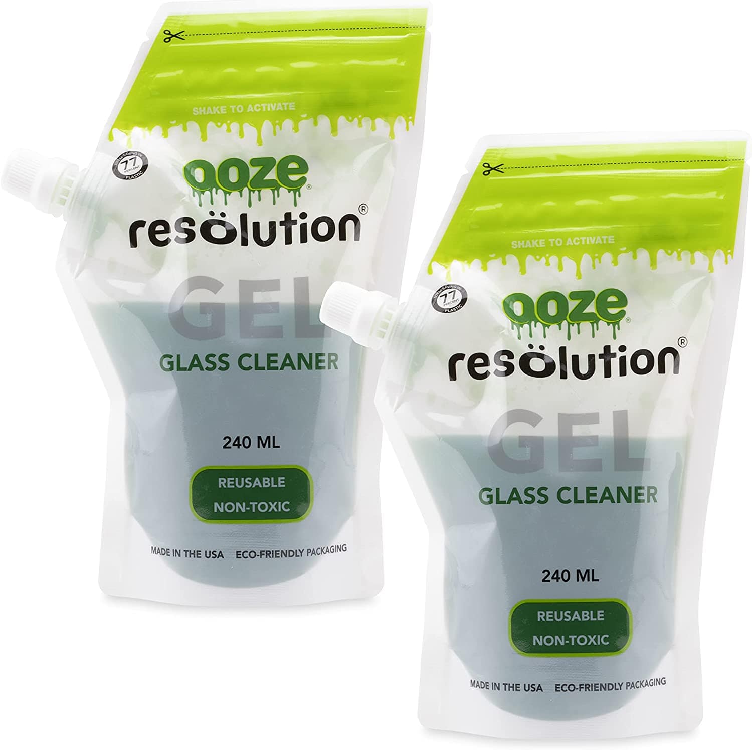Front view of the Ooze Resolution 240ml Gel Glass Cleaner bottle with a white label and black text, angled slightly.