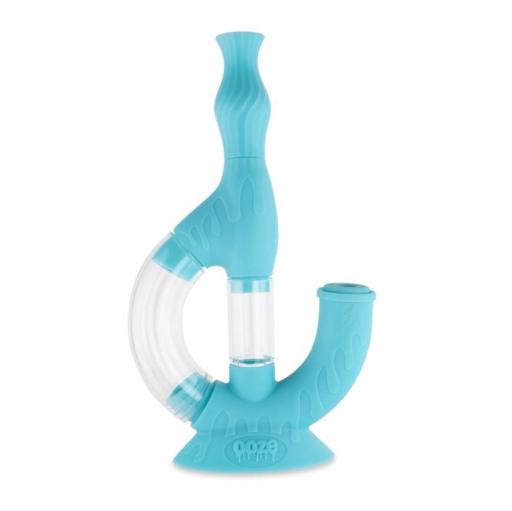 A studio shot of the Ooze Echo Silicone Water Pipe, featuring a curved, translucent blue design against a plain white backdrop.