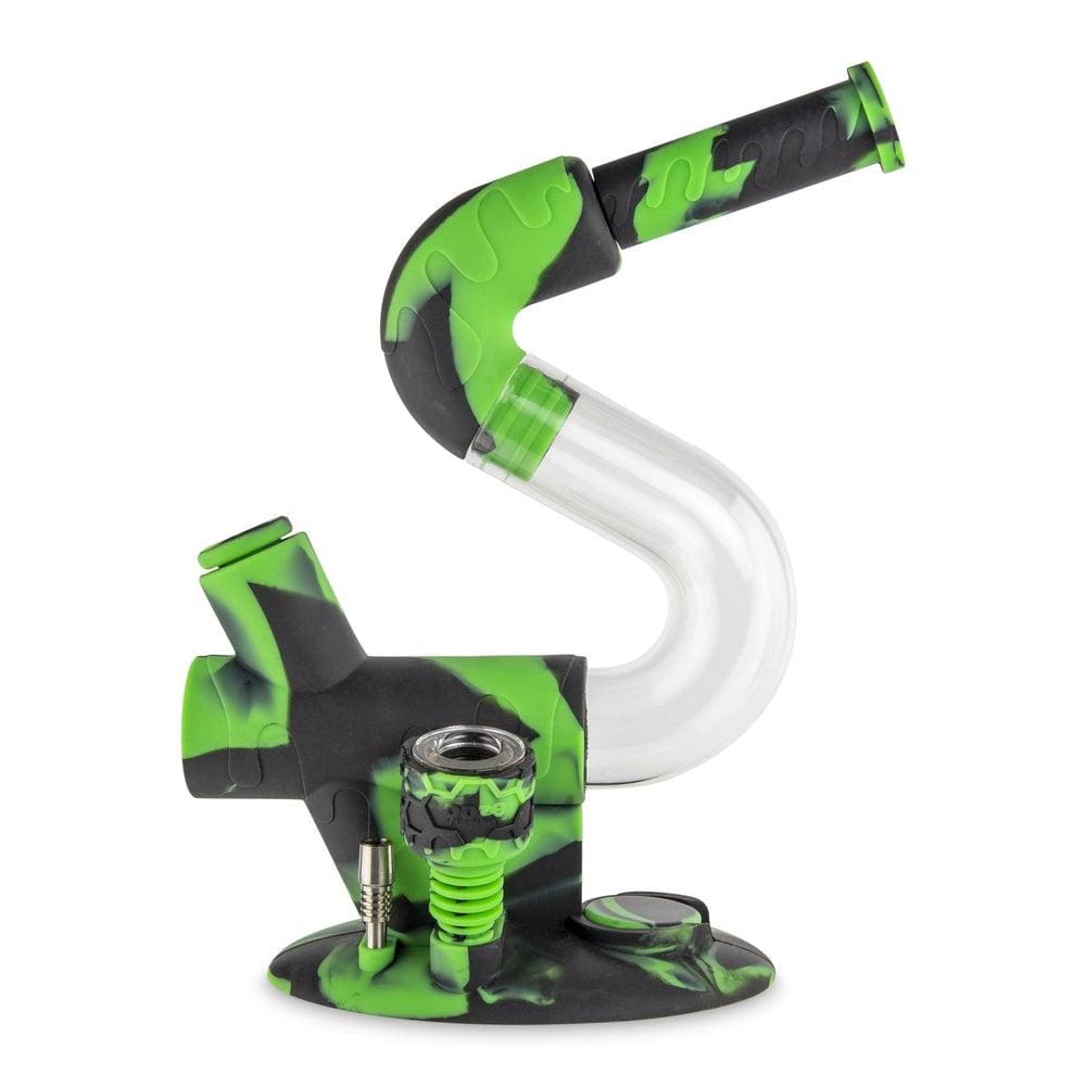 Front view of the Ooze Swerve Silicone Water Pipe, showcasing its green and black marbled design against a plain white background.