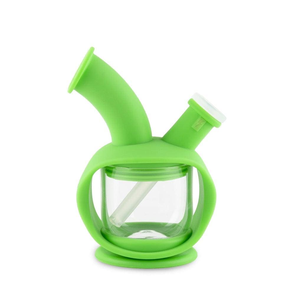 Front view of the Ooze Kettle Silicone Bubbler, showcasing its rounded shape and clear glass chamber against a plain white background.