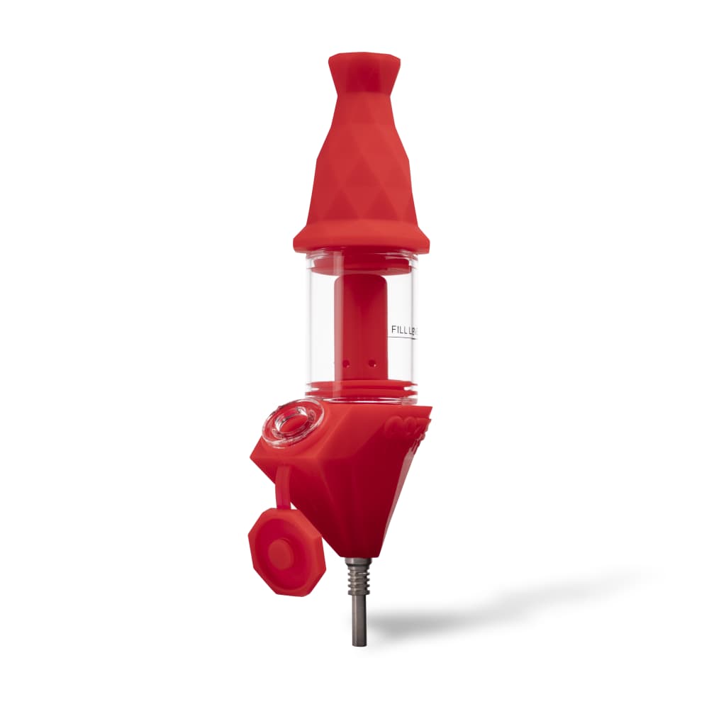 Front view of the Ooze Bectar Silicone Water Pipe and Concentrate Straw, showcasing its red silicone construction and unique angled design.