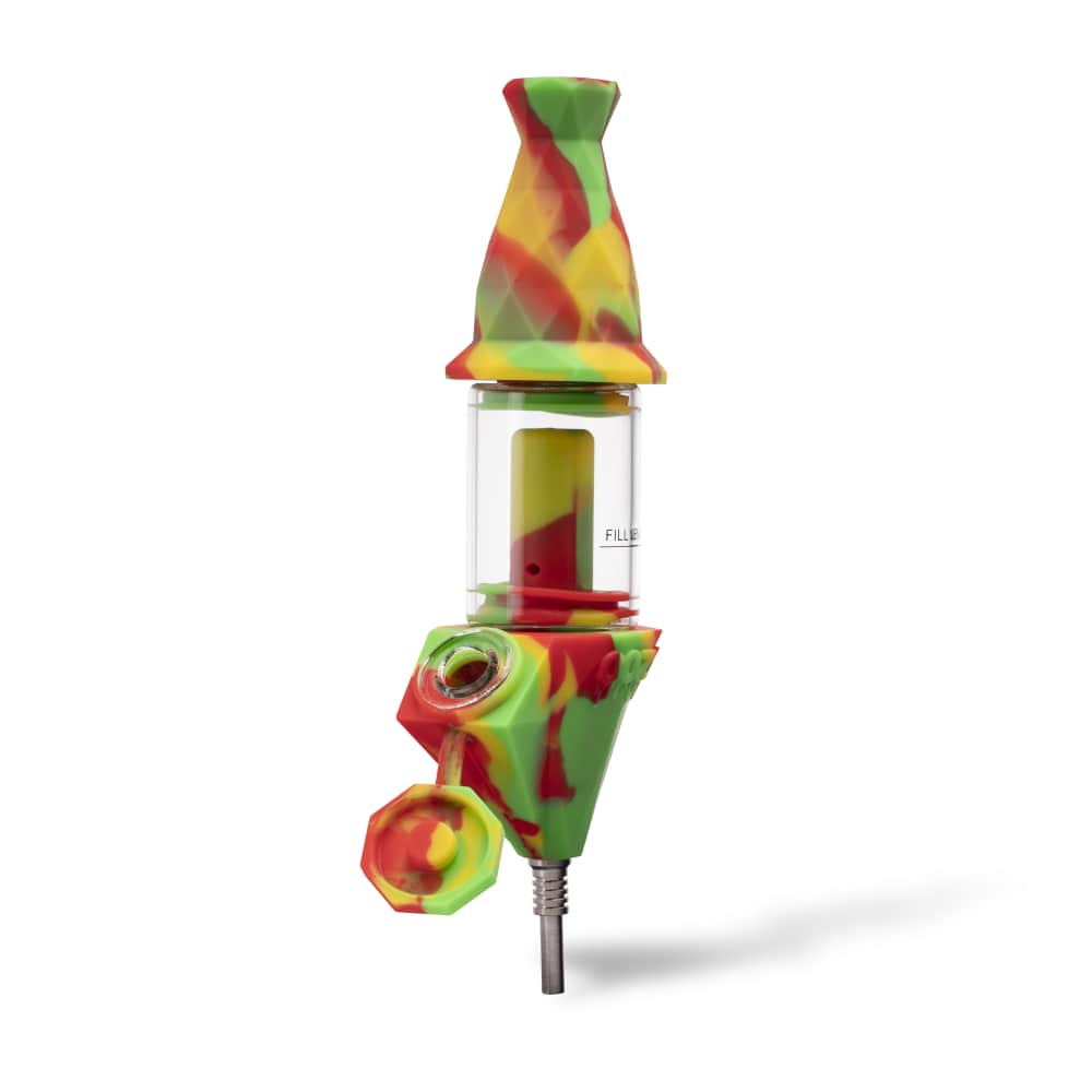 Front view of the Ooze Bectar Silicone Water Pipe and Concentrate Straw, showing a colorful, angled design with a visible straw attachment.