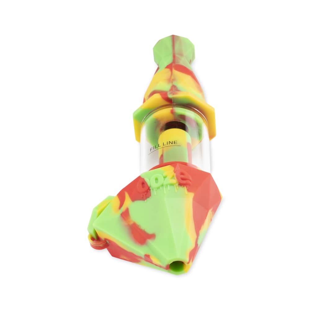 A close-up, angled view of the Ooze Bectar Silicone Water Pipe and Concentrate Straw, showing its colorful, textured design.