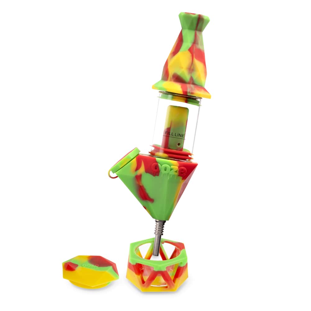 A vibrant, angled studio shot of the Ooze Bectar Silicone Water Pipe and Concentrate Straw, showing its colorful, molded design.