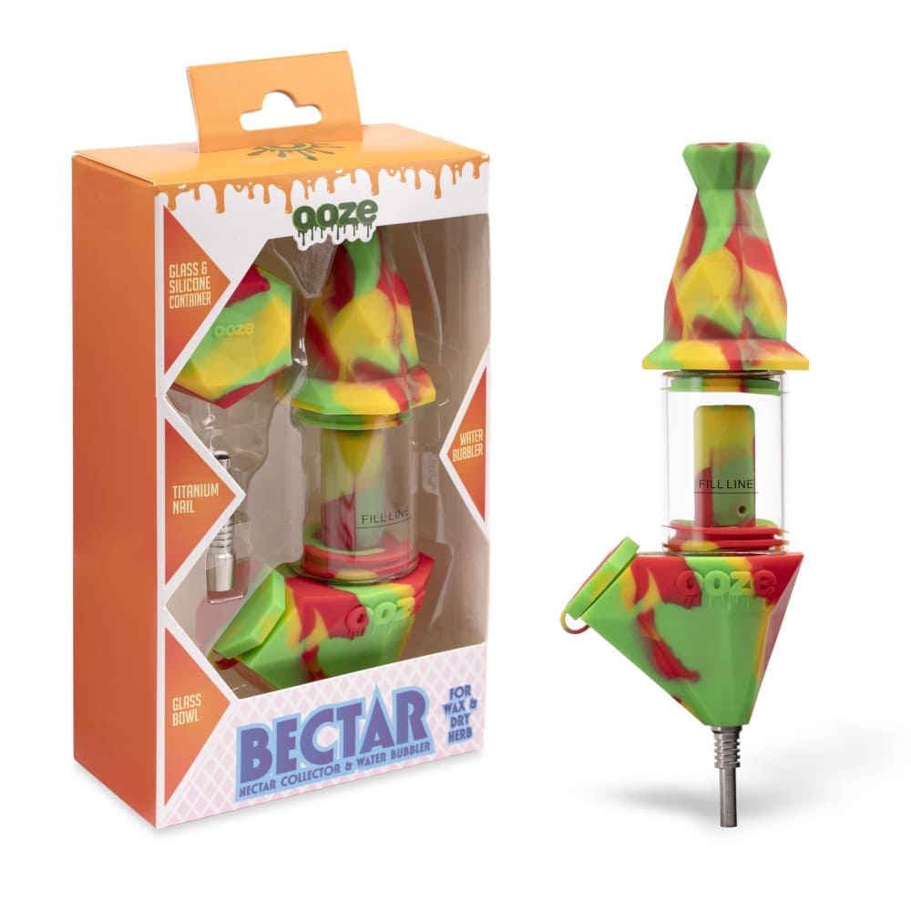 Front view of the Ooze Bectar Silicone Water Pipe and Concentrate Straw, showcasing its clear glass construction and colorful silicone accents.