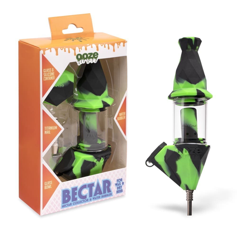Front view of the Ooze Bectar Silicone Water Pipe and Concentrate Straw, with a translucent green body and a textured surface.