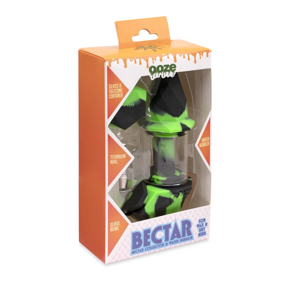 A close-up of the Ooze Bectar Silicone Water Pipe and Concentrate Straw, highlighting its clear glass body and included accessories.