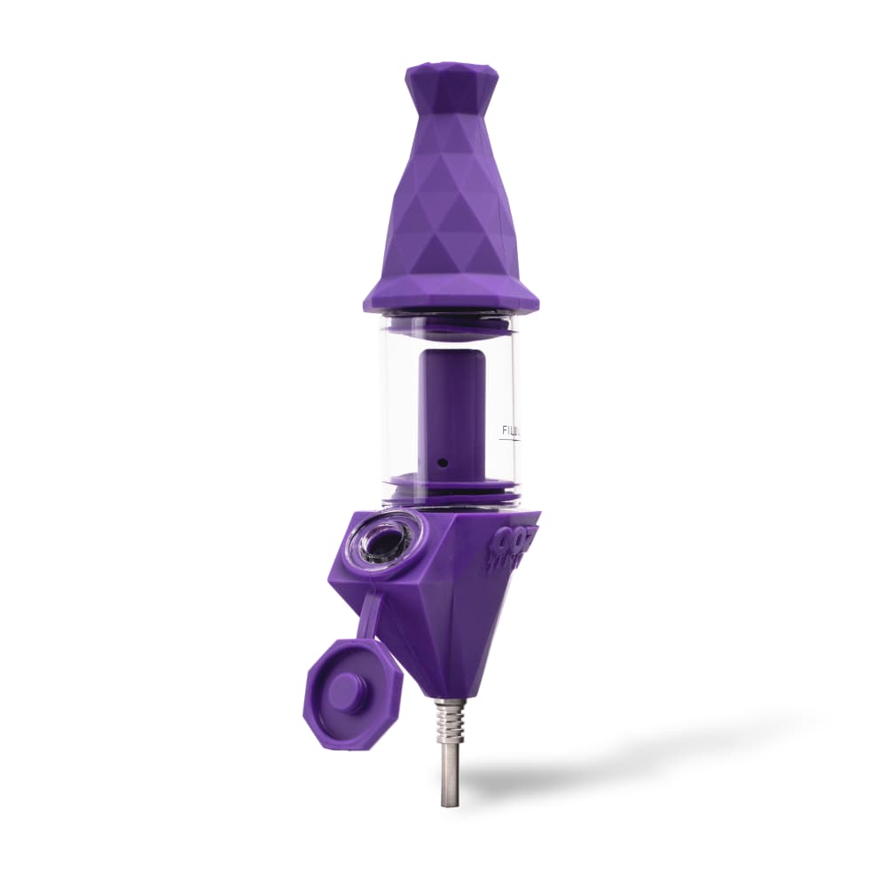 Front view of the Ooze Bectar Silicone Water Pipe and Concentrate Straw, showing the purple silicone design and clear glass stem.