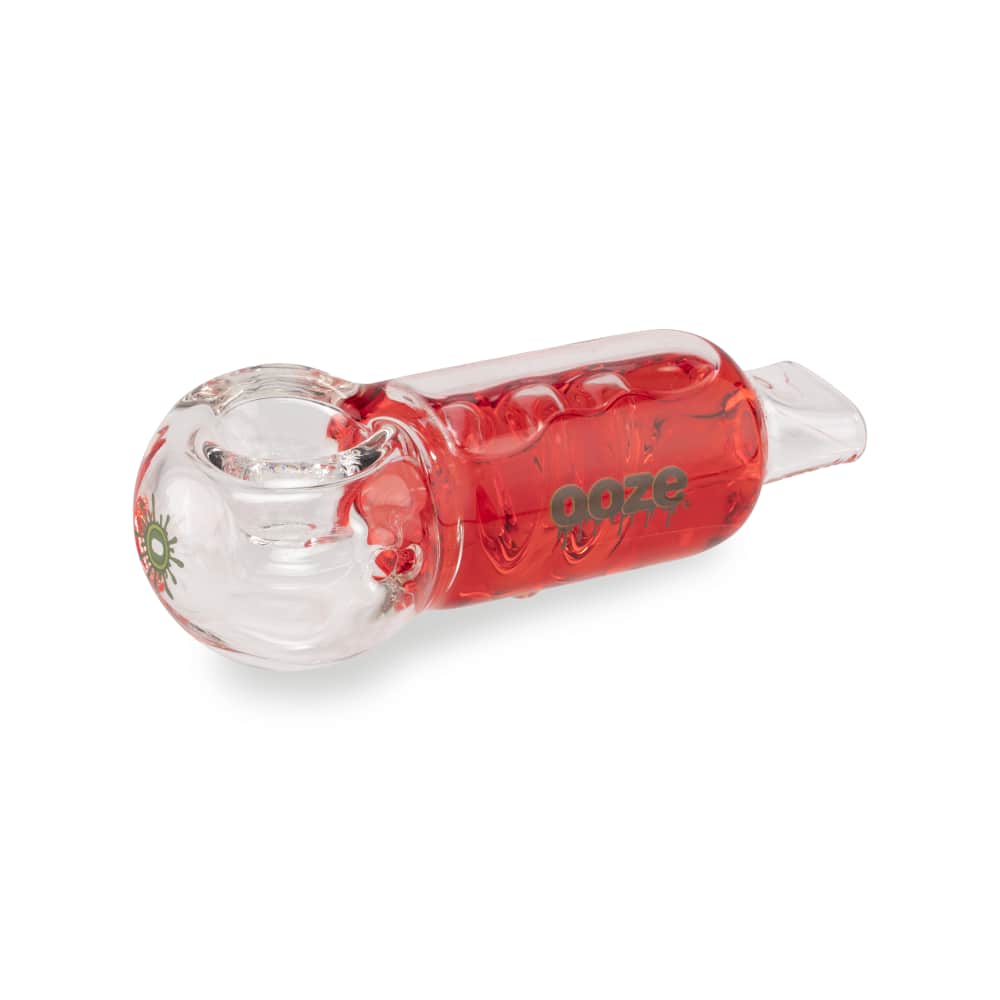 A side view of the Ooze Cryo Freezable Glycerin Glass Bowl, displaying its clear glass construction and rounded shape.