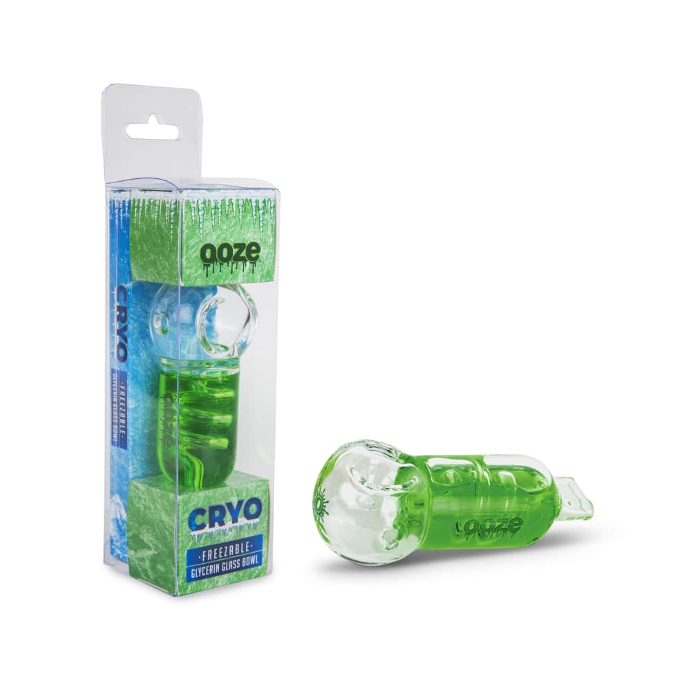 A close-up of the Ooze Cryo Freezable Glycerin Glass Bowl, showcasing its clear glass construction and unique design.